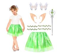HONMOK 5 PCS Kids Fairy Elf Costume, Elf Outfit Include Elf Ears Butterfly Elf Hair Clip Leaf Headband Green Tutu Dress Magic Wand, for 3-10y Girls World Book Day Fancy Dress Party, 5 Piece Elf Fairy