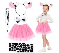 HONMOK 5 Piece Girls Cow Halloween Costume With Pink Tutu Skirt, Ears Headband, Bowtie, Tail, Stickers - Fancy Dress for 3-10y Kids Halloween Nativity Pretend Play Party
