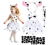 HONMOK 5-Piece Kids Cow Halloween Costume - Outfit with Tutu Skirt, Ears, Bowtie, Tail & Stickers - Fancy Dress for Girls 3-10y