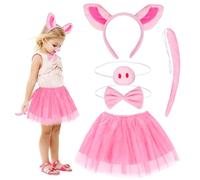 HONMOK 5 Piece Kids Pig Halloween Costume, Pink Pig Outfit Include Pig Ears Headband Tutu Dress Nose Tail Bowtie, Animal Fancy Dress Accessory for 3-10y Girls Halloween Pretend Play Party
