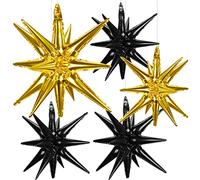 HONMOK 5pcs 22inch Black Gold Birthday Balloons, 2025 Graduation Star Balloons, Black Gold Party Decorations, Large Explosion 14 Point Foil Balloon, Starburst Cone Balloon for New Year's Eve Party
