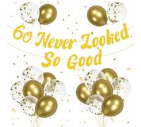 HONMOK 60th Birthday Decorations for Men Women, Gold 60th Birthday Banner and Balloons, 60 Never Looked So Good Glitter Banner for 60 Year Old Birthdays Anniversary Decor Supplies