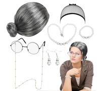 HONMOK 7Pcs Old Lady Costume Set Grandma Fancy Dress Kit with Grey Granny Wig Glasses Eyeglass Chain Bracelet Necklace Earrings for Carnival World Book Day Masquerade Outfit Accessories