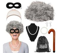 HONMOK 8Pcs Gangster Granny Wig Set Grey Curly Old Lady Costume Burglar Grandma Fancy Dress with Wig Mask Bag Inflatable Walking Stick Necklace Robber Outfit Accessories for Carnival World Book Day