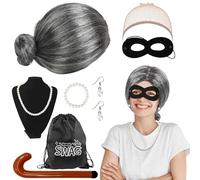 HONMOK 8Pcs Gangster Granny Wig Set Grey Old Lady Wig Burglar Grandma Fancy Dress with Mask Bag Inflatable Walking Stick Necklace Robber Costume for Carnival World Book Day Cosplay Outfit Kids Adult