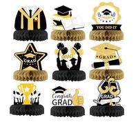 HONMOK 9pcs Graduation Decorations 2025 Graduation Honeycomb Centerpieces Black Gold Table Toppers Congrats Grad Graduation Cap Diploma Ornaments You Did It Gifts for Grad Preschool Party Supplies