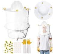 HONMOK Beekeeping Gloves and Beekeeper Veil Hat, Beekeeper Protective Costume Set with Wool Felt Bee for Kids Adult Halloween Party Cosplay Supplies Bee Keeping Catcher Mosquito Mesh Cap for Men Women