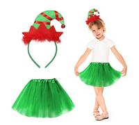 HONMOK Elf Xmas Costume, Christmas Fancy Dress with Elf Hat & Green Tutu Dress, Santa's Helper for 3-10y Kids Halloween Party