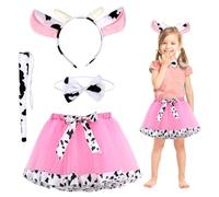 HONMOK Kids Cow Halloween Costume With Pink Tutu Skirt, Ears Headband, Bowtie, Tail, Stickers - Fancy Dress for 3-10y Girls Nativity Pretend Play Party