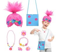 HONMOK Poppy Playtime Costume, Trolls Costume Wig Set, Girls Pink Wigs with Necklaces Bracelet Earrings Ring Blue Cloth Bag for Halloween Fancy Dress Cosplay Outfit Masquerade Accessories