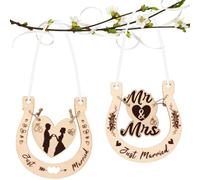 HONMOK Wedding Horseshoe Gift for Bride - 2Pcs Just Married Wooden Decor, Mr & Mrs Sign, Good Luck Present for Groom, New Couple Engagement