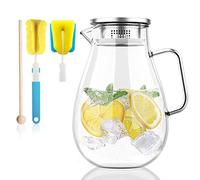 Honneeo Glass Pitcher 2.0 Liter Fridge Jug 68 Ounces Carafes 304 Stanless Still Lid with Filter Hot Cold Iced Water Wine Coffee Milk Tea Juice Beverage Bottle with Stir Stick and Brush (2000ml)