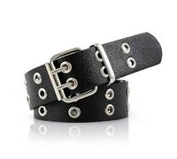 HONNGDHGD Double Grommet Belt, PU Leather Punk Goth Belt with 2 Rows of Grommets, Double Grommet Punk Rock Belts, 110 * 3.8cm for Jeans & Pants, Adjustable Square Buckle for Woman (Black,110cm)