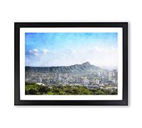 Honolulu Oahu Skyline in Hawaii Painting Framed Print | A2 Black Framed Wall Art | Ready to Hang | Modern Cityscape Picture | Living Room Bedroom Lounge Office