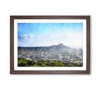 Honolulu Oahu Skyline in Hawaii Painting Framed Print | A2 Walnut Framed Wall Art | Ready to Hang | Modern Cityscape Picture | Living Room Bedroom Lounge Office