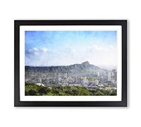 Honolulu Oahu Skyline In Hawaii Painting Modern Art Framed Print | A2 Black Framed Wall Art | Ready to Hang | Modern Cityscape Picture | Living Room Bedroom Lounge Office