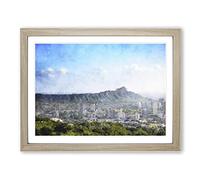 Honolulu Oahu Skyline In Hawaii Painting Modern Art Framed Print | A4 Oak Framed Wall Art | Ready to Hang | Modern Cityscape Picture | Living Room Bedroom Lounge Office