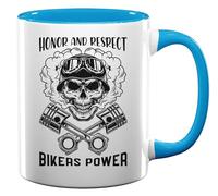 Honor and Respect Bikers Power Smoking Piston Skull Ceramic Tea Coffee Mug Light Blue
