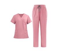 HonorHut Nursing Outfits 2 Piece Set V-Neck Tunic Scrub Top Scrub Pants Medical Uniform Cosmetic Surgery, Pink S