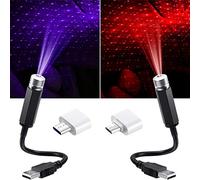 Honoson 2 USB Atmosphere Lights, Star Projector Night Light with USB Port, Romantic Atmosphere Decoration for Ceiling, Car, Bedroom, Party - LED Roof Stars (Red, Blue, Purple)