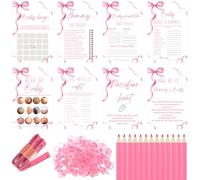 Honoson Bow Baby Shower Games Kit 202 Premium Cards with 8 Games, Guess Who Mommy or Daddy, Baby Shower Bingo, Pacifier Hunt and More, Fun and Easy to Play, Gender Neutral for Girl Boy(Pink)
