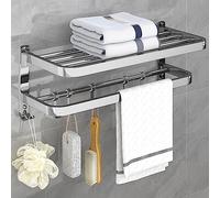 HONPHIER Towel Rail Wall Mounted 2-Tier Foldable Towel Holder Bath Towel Rack With Activity 5 Hooks SUS 304 Stainless Steel Towel Shelves Towel Rail for Bathroom, Kitchen, Hotel