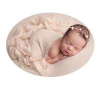 Honra 2Pcs Newborn Photography Props Wraps Headband Pearl Layers Baby Posing Blankets Cotton Knitted Raw Edge for Photoshoot Professional (Beige)
