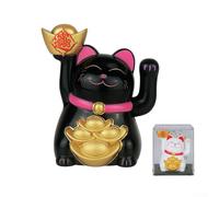 Honseadek 2 Inch Solar Powered Waving Lucky Cat Ornament for Home Office Car Decor, Feng Shui Wealth Attracting Figurine with Automatic Arm Movem(BLACK)