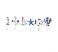 Honseadek Beach Themed Wall Hooks, Mediterranean Wooden Coat Hanger, Fish Sea Star Shell Sailboat Design Blue Resin Hook for Bathroom Bedroom Entryway(The new 6-link link)