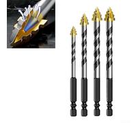 Honseadek Carbide Eccentric Drill Bit Set, Hex Shank, Four-Flute Triangle Spiral Shape, Accurate Hole Drilling In Glass Tile, Hard Plastic, Cement, Granite(4pcs)