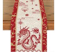 Honseadek Chinese For Zodiac Dragon Table Runner, 13x72 Inch Polyester for Kitchen Dining Decoration, Red and Yellow Design for 2024 Year of the Dragon Celebration(TABLE RUNNER B)