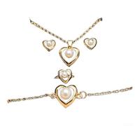 Honseadek Heart Pearl Jewelry Set Gold Tone Necklace Earrings Ring | Bracelet Romantic Heart Shaped Accessories For Women Imitation Pearl Fashion Jewellery UK Lightweight Alloy Statement