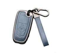 Honseadek Leather Key Cover for Focus 4, Explorer, Fusion, For, F150, F250, F350-3 Button Remote Entry Case with Durable Zinc Alloy & Genuine(Blue+grey)