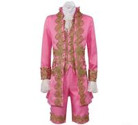 Honseadek Men's British Gentleman Cosplay Suit with Coat, Vest, Pants, and Accessories for Victorian Renaissance Tudor Rococo Themed Parties or Theater Performances(2XL Pink)