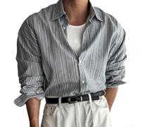 Honseadek Mens Striped Long Sleeve Shirt Casual Button Down Tops for | Men Vintage Lapel Collar for slim Fit Regular Length Polyester Spandex Blend Holiday Party Daily Wear Black Beige Blue