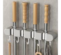 Honseadek Multi-purpose Wall-mounted Broom and Mop Holder with 4 Clips 5 Hooks - No-drill Traceless Storage Rack for Cleaning Tools Towels a - (GREY)