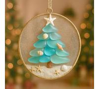 Honseadek Nativity Christmas Ornament Coastal Style, Handcrafted Acrylic Jesus' Birth Scene with Shells and Starfish, Blue Beach-Themed Holiday Decor for Tree(A)