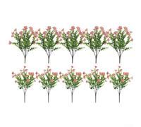 Honseadek Realistic UV Resistant Faux Outdoor Flowers - 10 Bundles for Year-Round Garden and Home Decor, 7 Fork Purple Small Bunch of Green Planting Plastic(Pink)