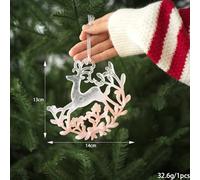Honseadek Transparent Pink Plastic Christmas Ornaments for Tree Decor, Pendant Holiday Hanging Decorations in European Style with Snowflake Crown Carriage(Moose + Snow Sled)