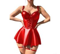 Honseadek Women Gothic Faux Leather Dress Sleeveless Suspender for mini | Skirt Lace Bandage Exotic Clubwear Sexy Corset for top Holiday Party Outfit Red Black Solid Color Regular Length