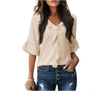 Honseadek Womens Chiffon Blouse with V-Neck, Ruffled Placket | and Bell Sleeves, Pleated Solid Color Top for Vacation, Beach, Holiday Party and Yoga Casual Wear
