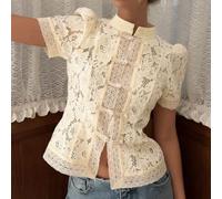Honseadek Womens Lace Short Sleeve Shirt Hollow Out Patchwork Stand | Collar Blouses Tops Retro Elegant See Through Solid Color Commute Casual Holiday Party Daily Wear Four Seasons Fashion Lady