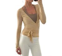 Honseadek Women's Long Sleeve Top Fashion Knitwear Regular Fit Elastic Pullover Vacation Holiday Club Summer Autumn Winter(L Khaki)