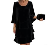 Honseadek Women's Tiered Ruffle Dress 3/4 Bell Sleeve for mini | Cake Skirt Flowy Evening Gown Round Neck Cocktail Solid Color Holiday for slim Fit Wedding Guest Casual