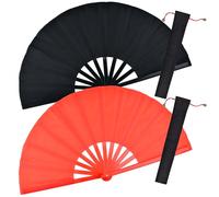 HONSHEN 2 Pack Large Rave Clack Folding Hand Fan/Traditional Chinese Arts Folding Fans complimentary Exquisite Fabric Bags for Party, Dance, Performance Decorations and Gifts (RED+Black)