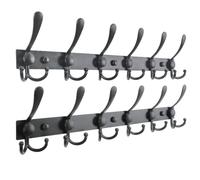 HONSKY Coat Rack Wall Mounted,18 Hanging Points,49cm,Matt Black,2 Pack | 6 triple coat hooks , pre-drilled rail, fixings included, rustproof metal, for hallway kitchen entryway