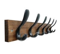HONSKY Heavy Duty Wall Mounted Coat Rack, 43cm Wooden Coat Hanger with 6 Double Metal Hooks, Sturdy Wall Hanger for Hallway, Entryway, Bedroom, Easy Installation (Brown Base & Black Hooks)