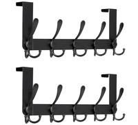 HONSKY Over Door Hook- Stylish,5 Triple Hooks Sturdy Over Door Hanger,Metal Durable Door Towel Rack for Hanging Coat,Clothes,Jacket,Black (2 Pack)