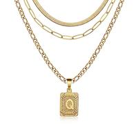Honsny 3 PCS Gold Layered Necklace Set for Women Gold Filled Dainty Paperclip Snake Choker Figaro Chain Layering Necklaces Jewelry Gifts Square Pendant Letter A-Z, Copper, No Gemstone