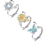 Honsny Fidget Rings for Women Girls, Spinner Fidget Ring for Anxiety Adjustable Anxiety Relief Ring Set, Sunflower Butterfly Bee Star Moon Stress Relief Spinning Rings for Adults